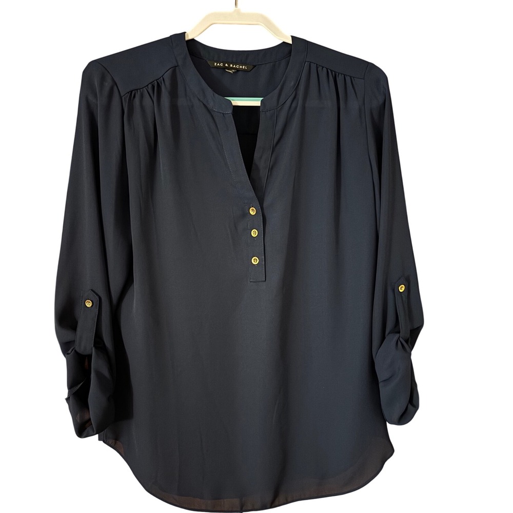 Zad & Rachel Blouse Roll Tab Sleeve Gold Button Navy Lg (no tag) EUC Pretty top